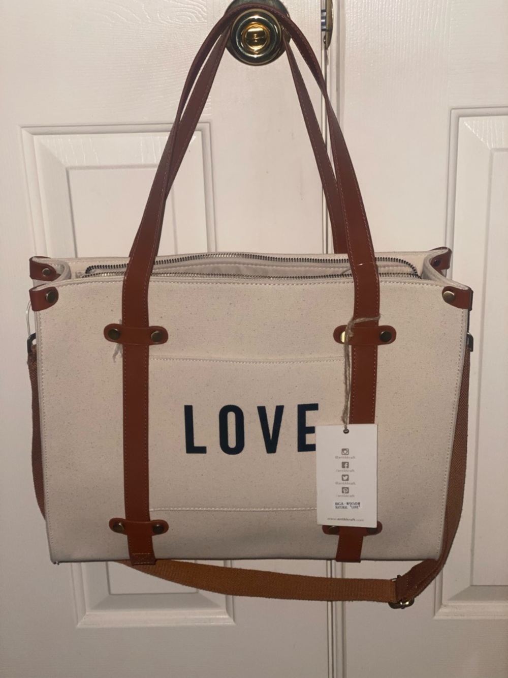 Canvas Tote Bag with 'LOVE' Print - Cream and Brown